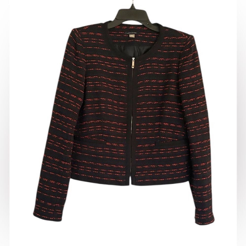 Tommy Hilfiger Womens Navy Zip Front Lined Tweed Jacket Blazer Size 10